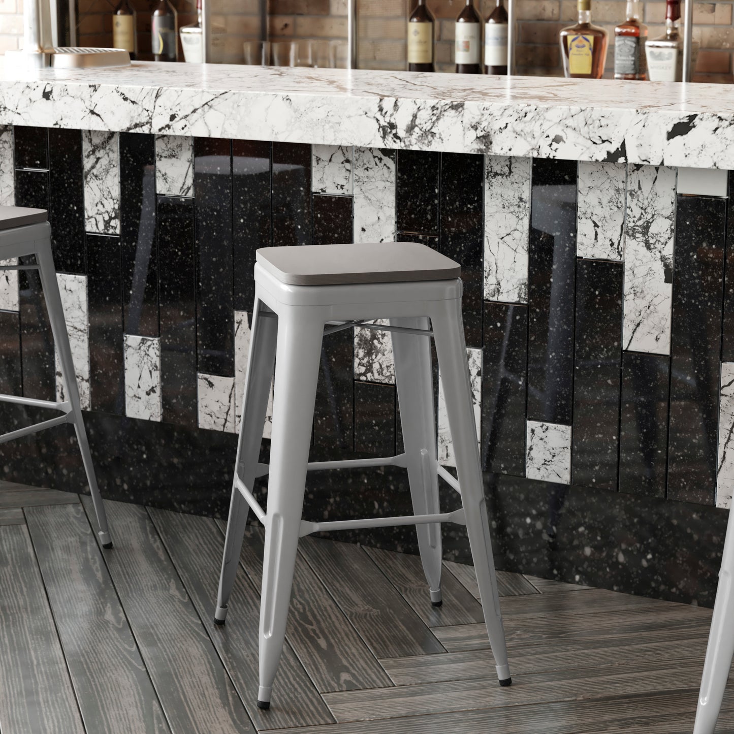 Kai Commercial Grade 30" High Backless Silver Metal Indoor-Outdoor Barstool with Gray Poly Resin Wood Seat Gray Seat/Silver Frame