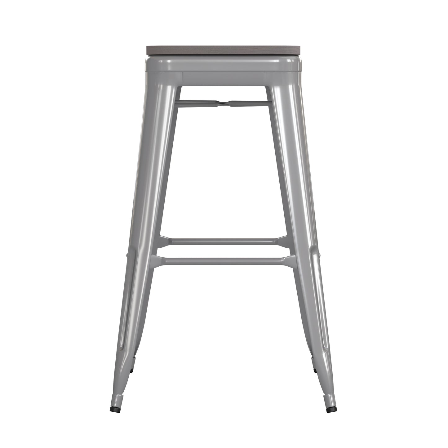 Kai Commercial Grade 30" High Backless Silver Metal Indoor-Outdoor Barstool with Gray Poly Resin Wood Seat Gray Seat/Silver Frame
