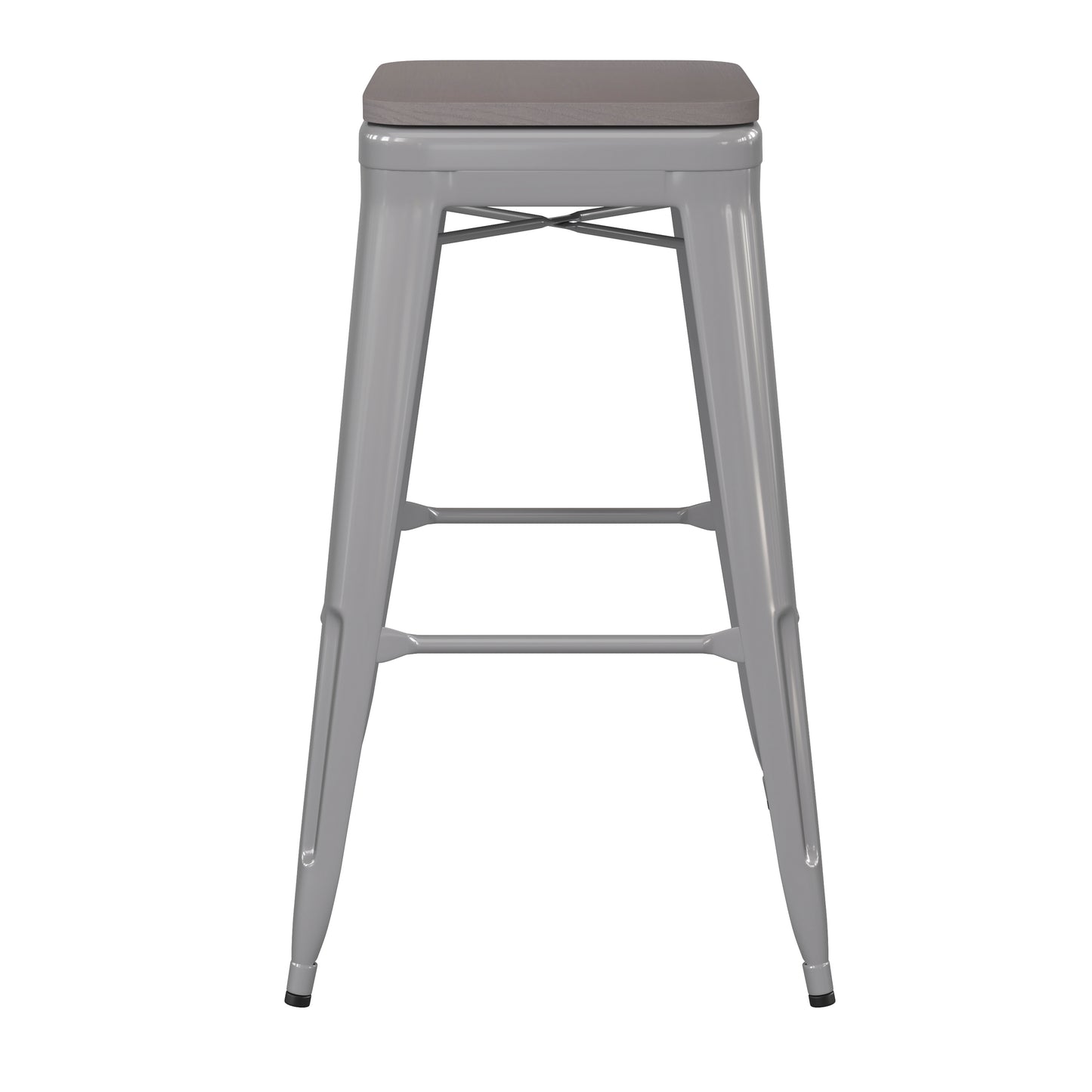 Kai Commercial Grade 30" High Backless Silver Metal Indoor-Outdoor Barstool with Gray Poly Resin Wood Seat Gray Seat/Silver Frame