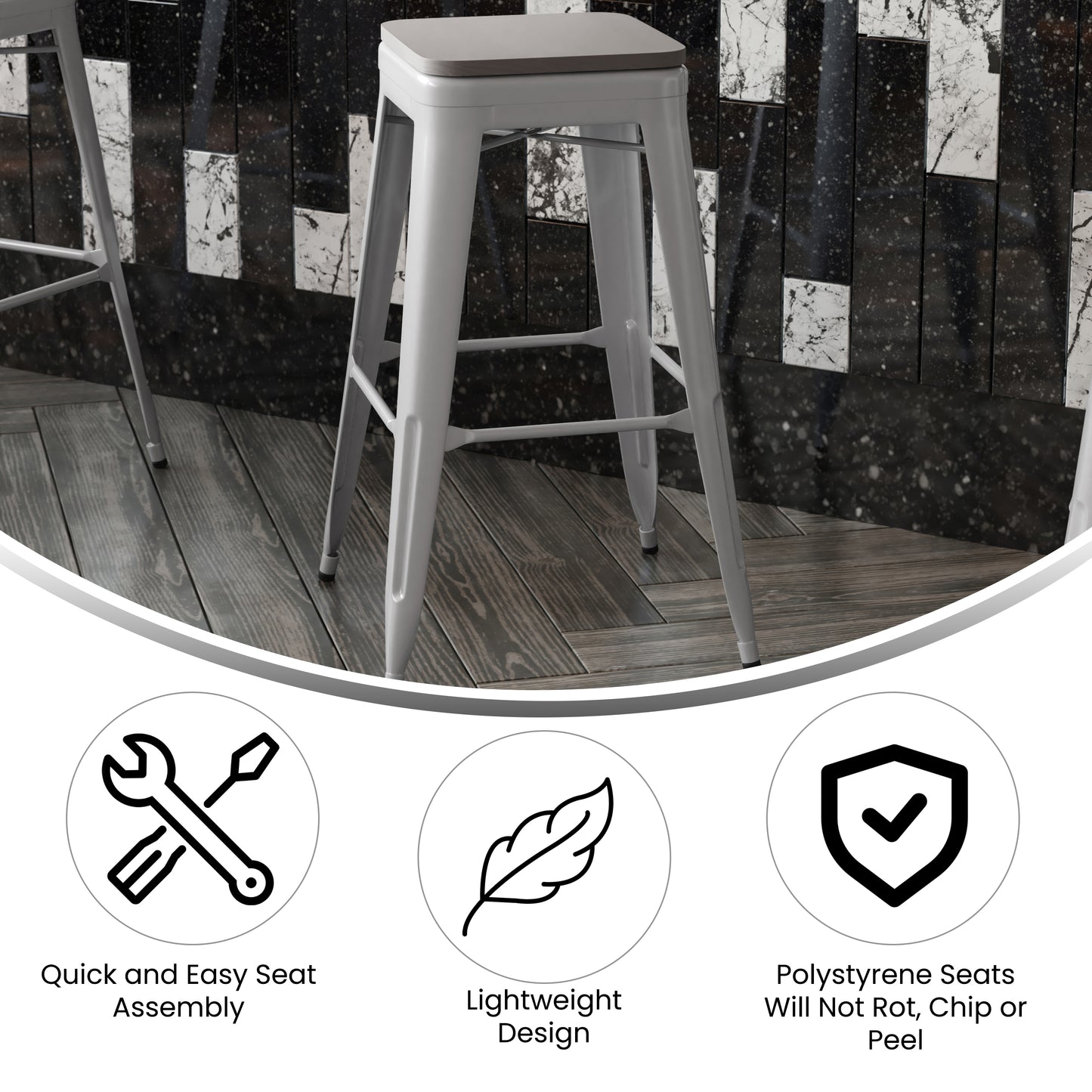 Kai Commercial Grade 30" High Backless Silver Metal Indoor-Outdoor Barstool with Gray Poly Resin Wood Seat Gray Seat/Silver Frame