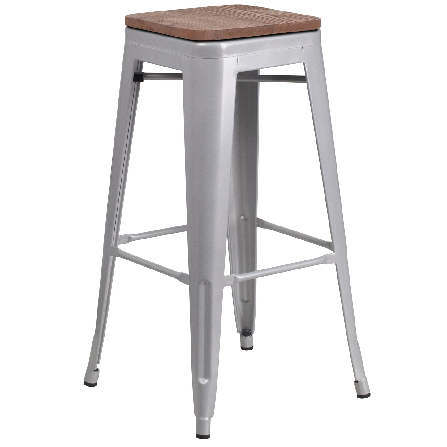 Lily 30" High Backless Silver Metal Barstool with Square Wood Seat Silver
