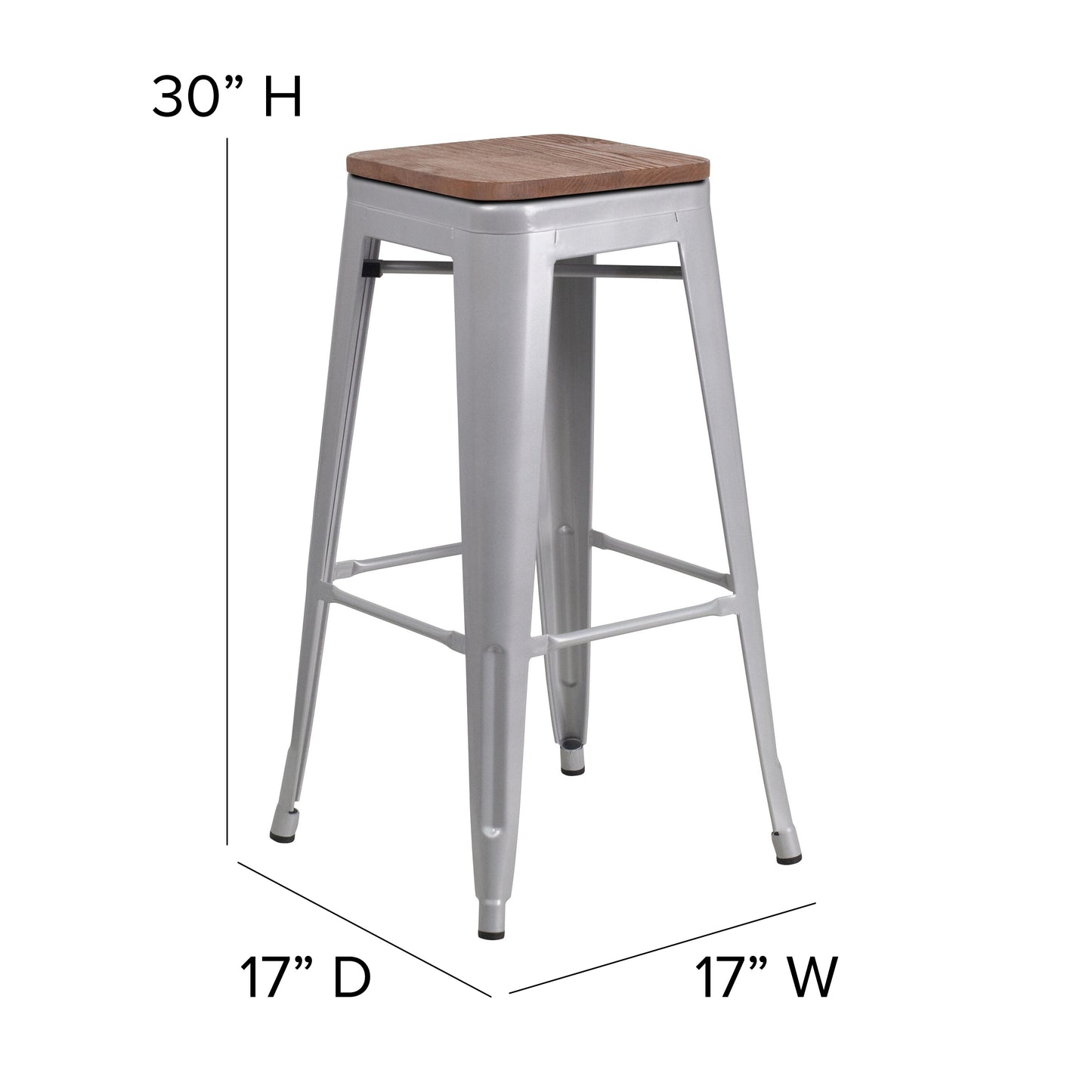 Lily 30" High Backless Silver Metal Barstool with Square Wood Seat Silver