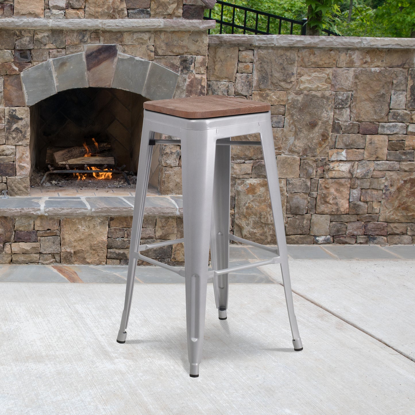 Lily 30" High Backless Silver Metal Barstool with Square Wood Seat Silver