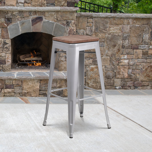 Lily 30" High Backless Silver Metal Barstool with Square Wood Seat Silver