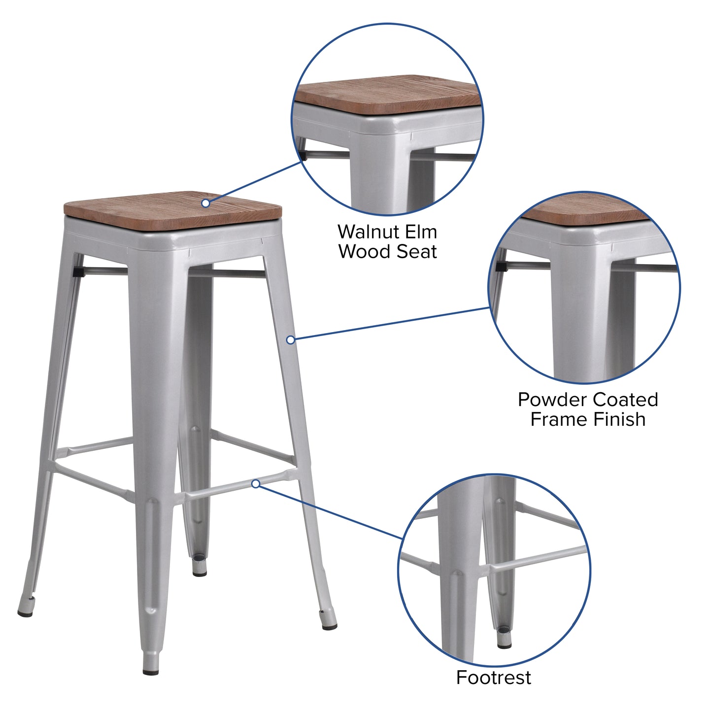Lily 30" High Backless Silver Metal Barstool with Square Wood Seat Silver