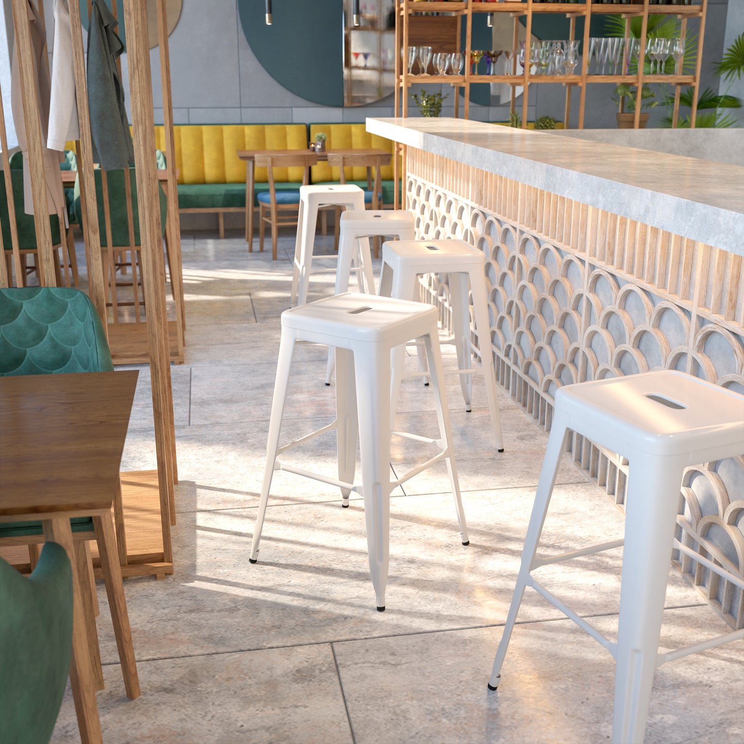 Kai Commercial Grade 30" High Backless White Metal Indoor-Outdoor Barstool with Square Seat White