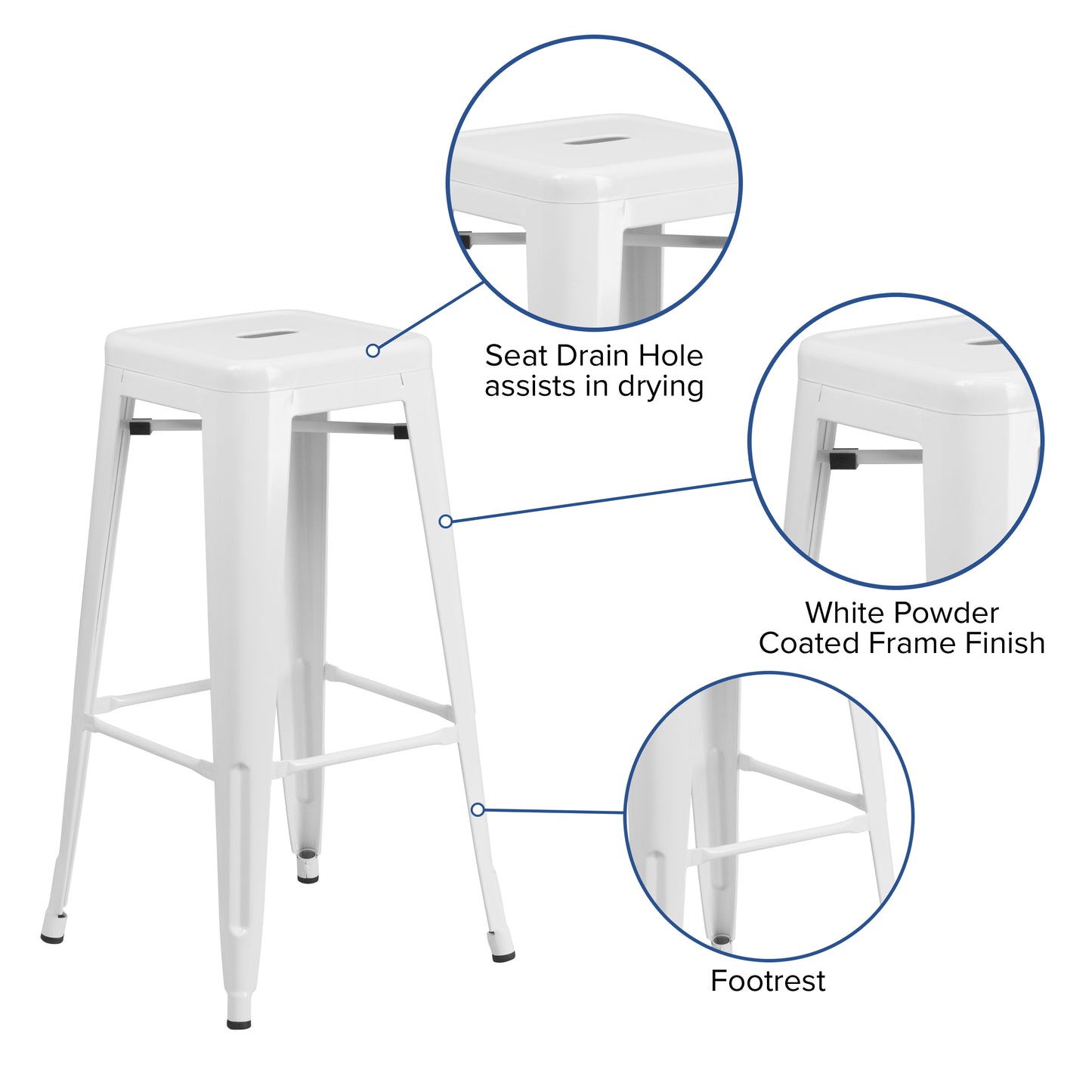 Kai Commercial Grade 30" High Backless White Metal Indoor-Outdoor Barstool with Square Seat White