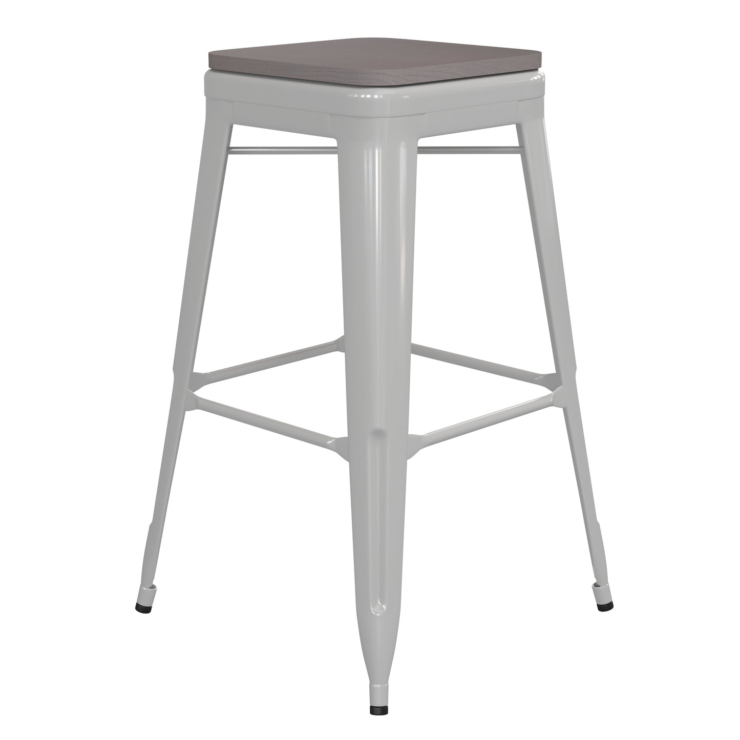 Kai Commercial Grade 30" High Backless White Metal Indoor-Outdoor Barstool with Gray Poly Resin Wood Seat Gray Seat/White Frame