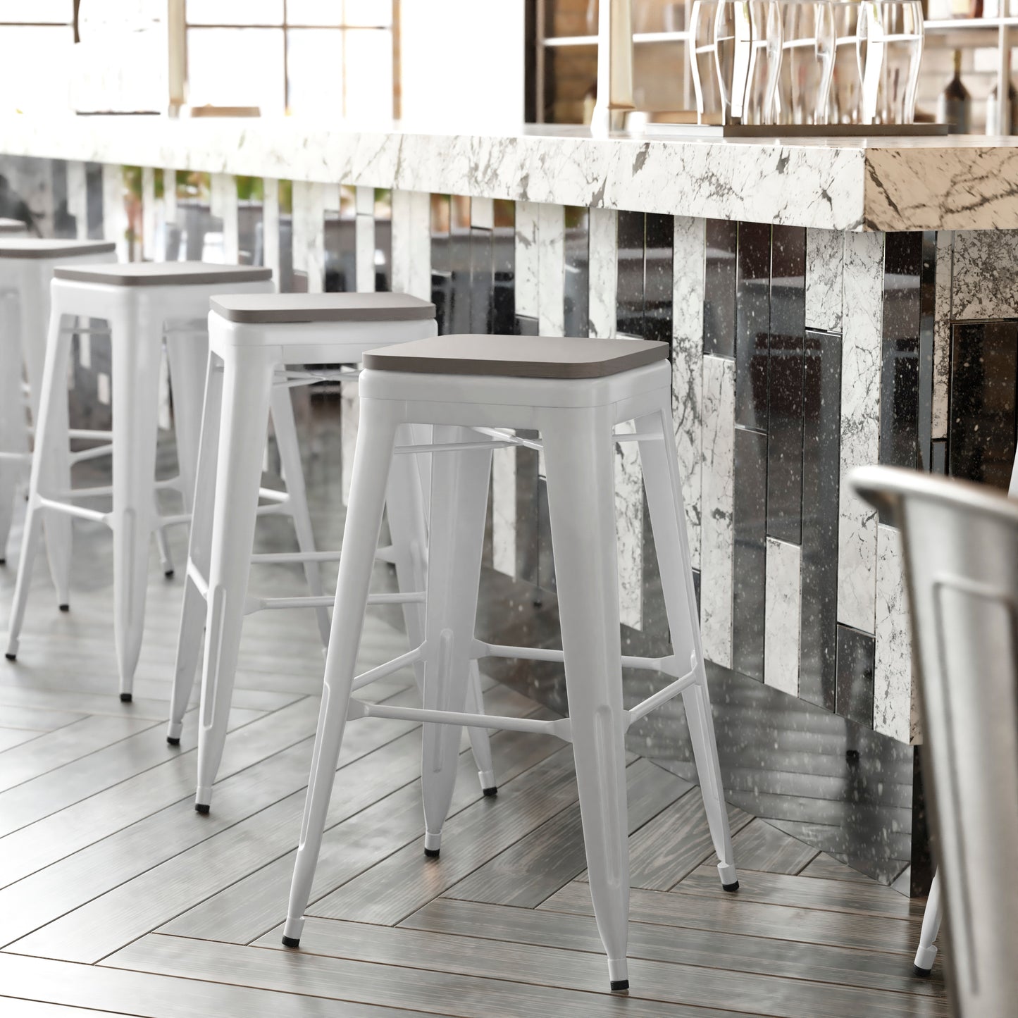 Kai Commercial Grade 30" High Backless White Metal Indoor-Outdoor Barstool with Gray Poly Resin Wood Seat Gray Seat/White Frame