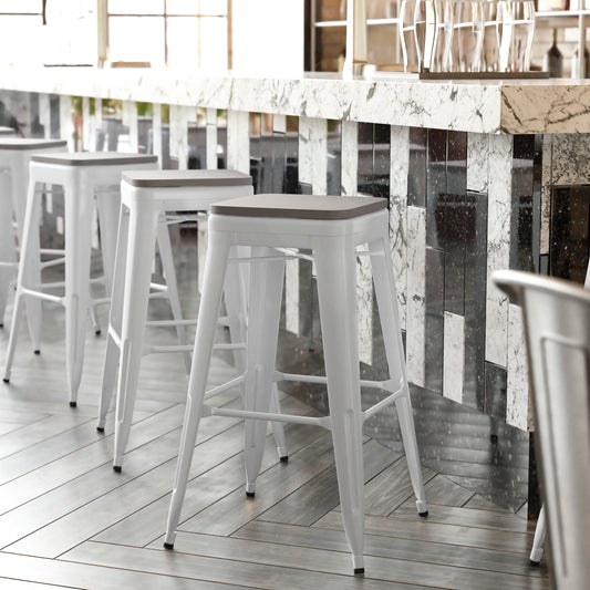 Kai Commercial Grade 30" High Backless White Metal Indoor-Outdoor Barstool with Gray Poly Resin Wood Seat Gray Seat/White Frame