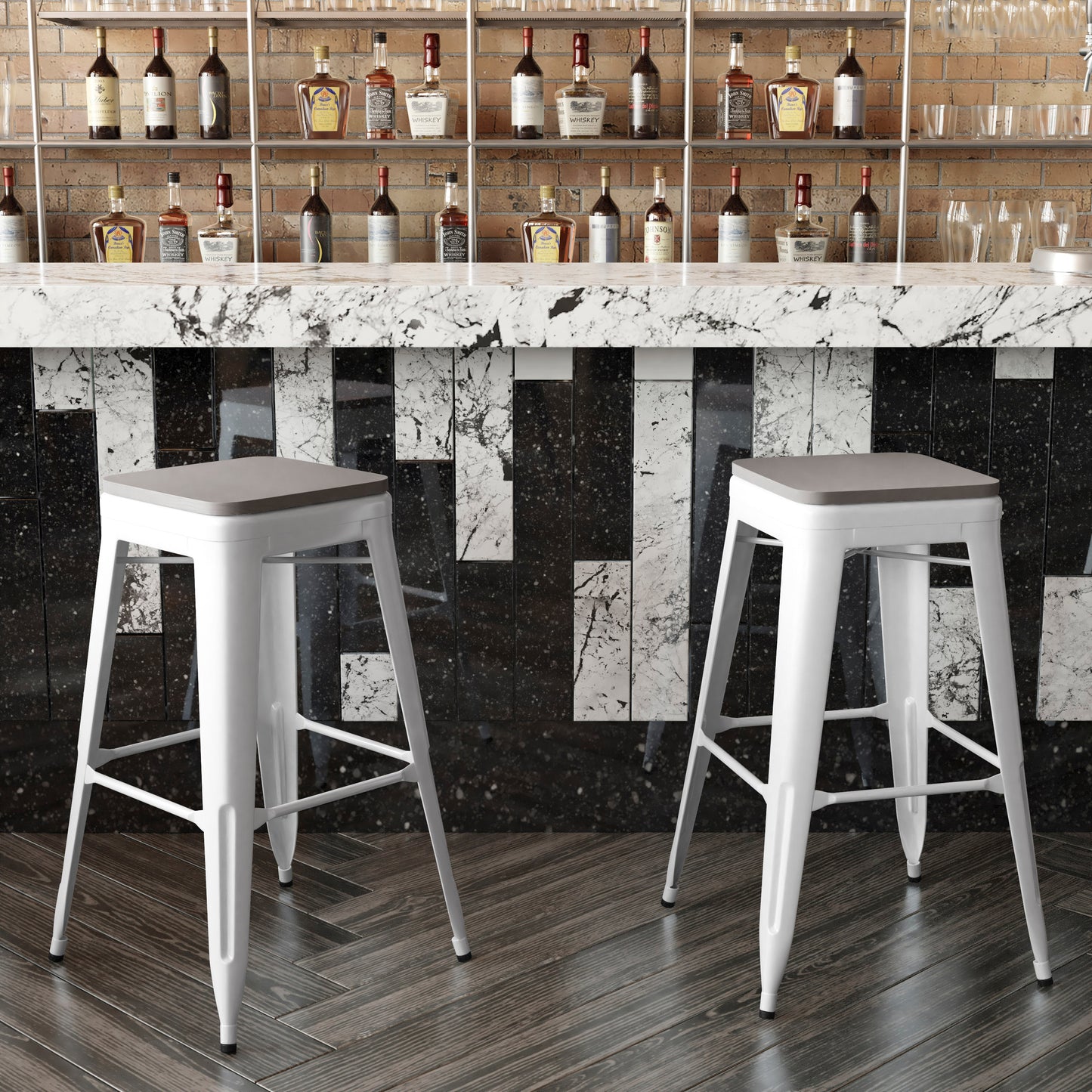 Kai Commercial Grade 30" High Backless White Metal Indoor-Outdoor Barstool with Gray Poly Resin Wood Seat Gray Seat/White Frame