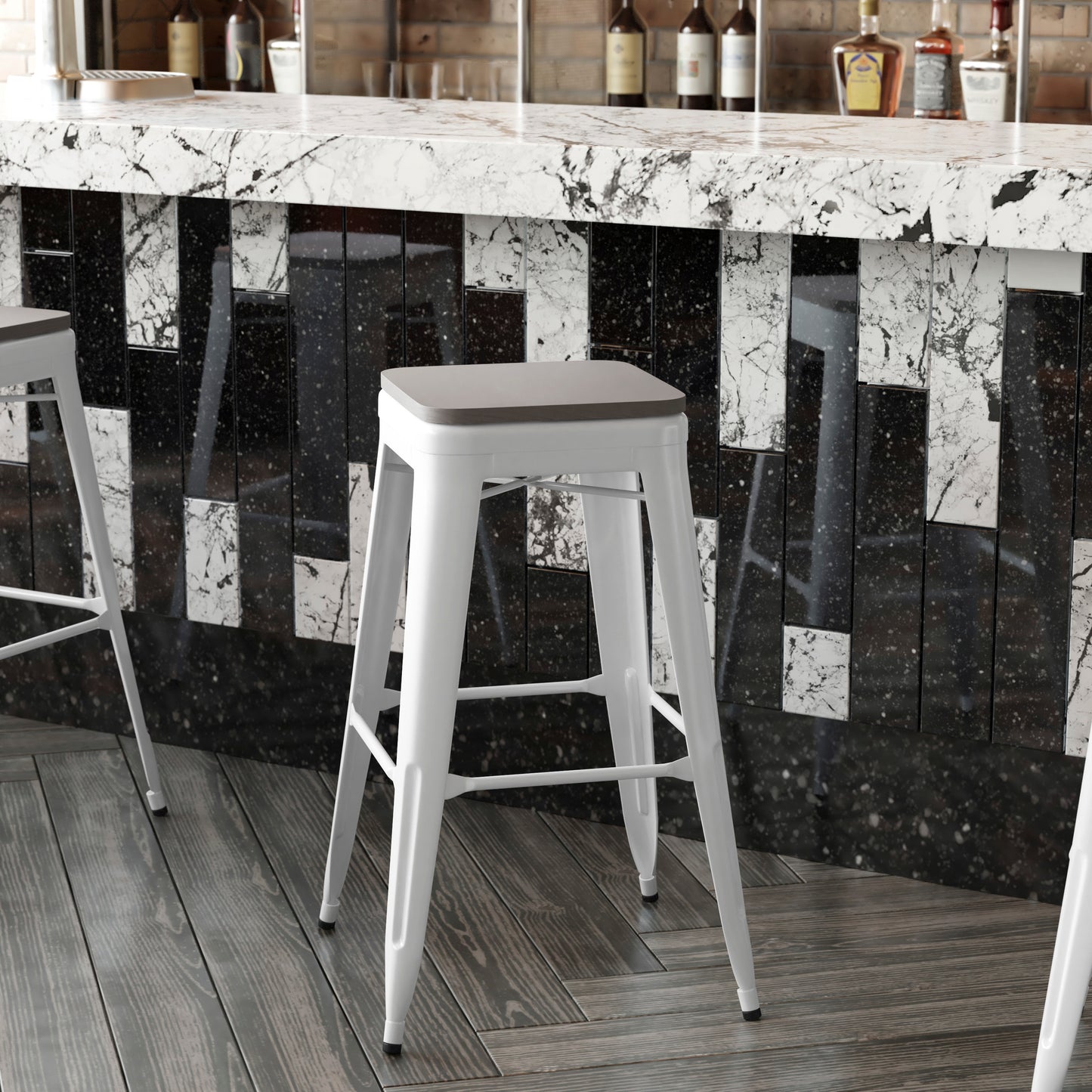 Kai Commercial Grade 30" High Backless White Metal Indoor-Outdoor Barstool with Gray Poly Resin Wood Seat Gray Seat/White Frame