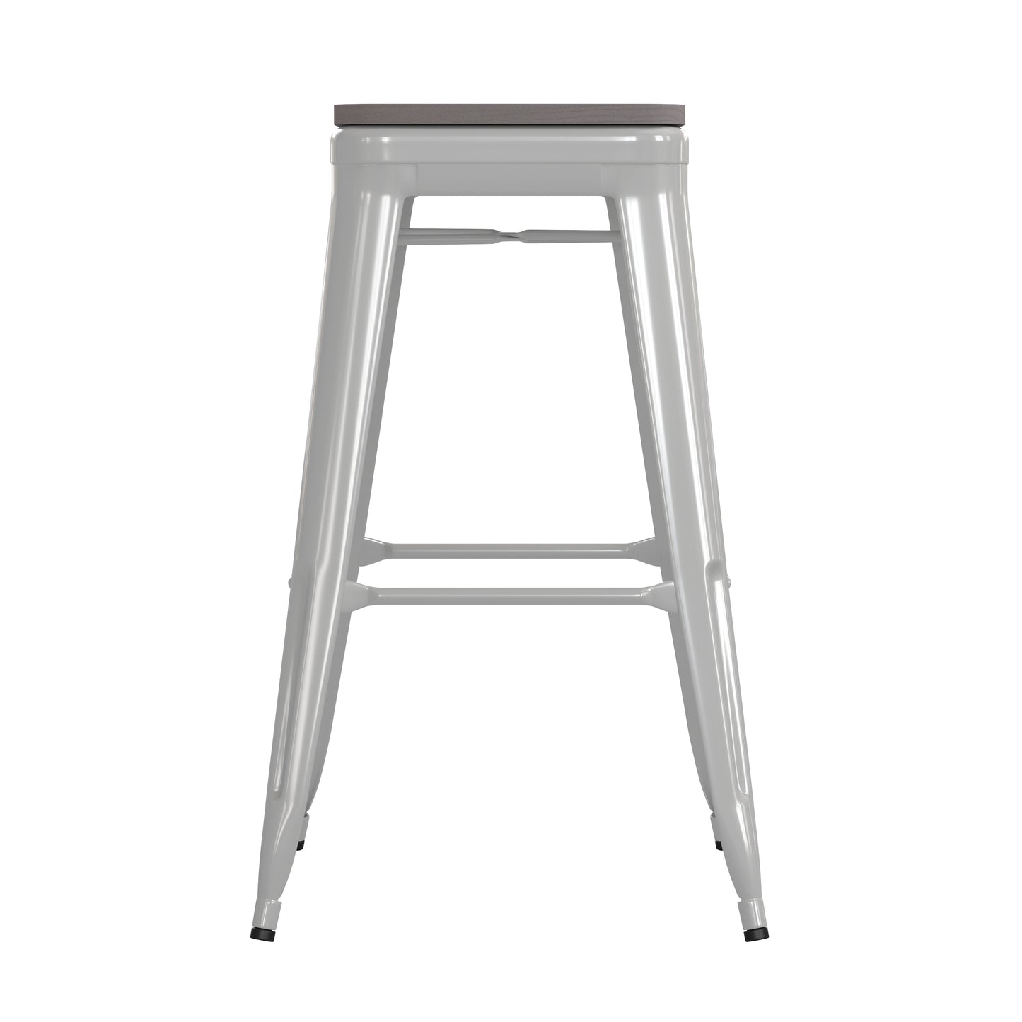 Kai Commercial Grade 30" High Backless White Metal Indoor-Outdoor Barstool with Gray Poly Resin Wood Seat Gray Seat/White Frame