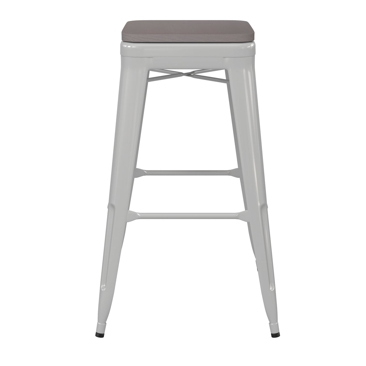 Kai Commercial Grade 30" High Backless White Metal Indoor-Outdoor Barstool with Gray Poly Resin Wood Seat Gray Seat/White Frame