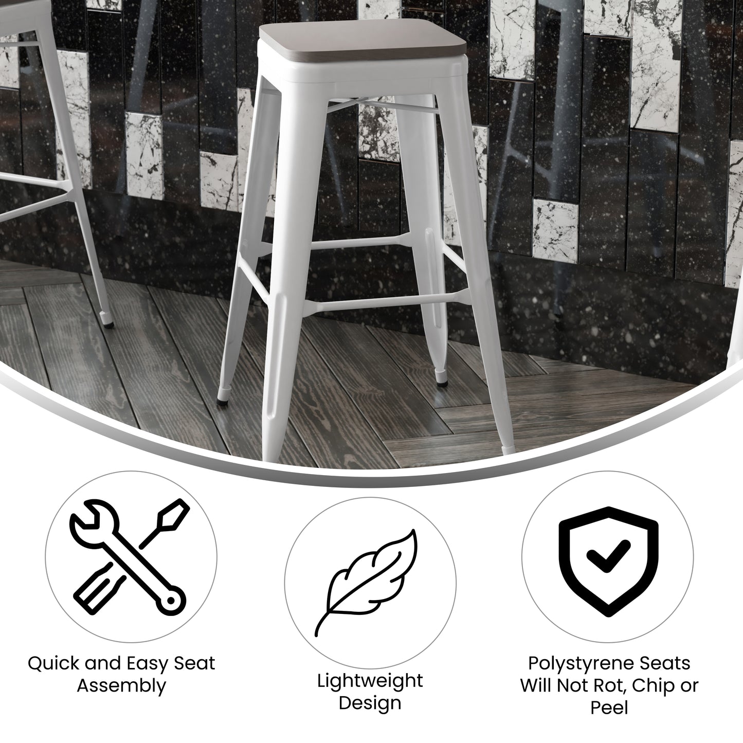 Kai Commercial Grade 30" High Backless White Metal Indoor-Outdoor Barstool with Gray Poly Resin Wood Seat Gray Seat/White Frame