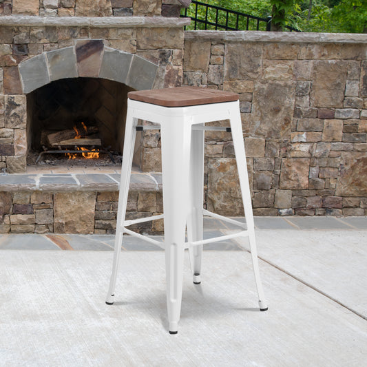 Lily 30" High Backless White Metal Barstool with Square Wood Seat White