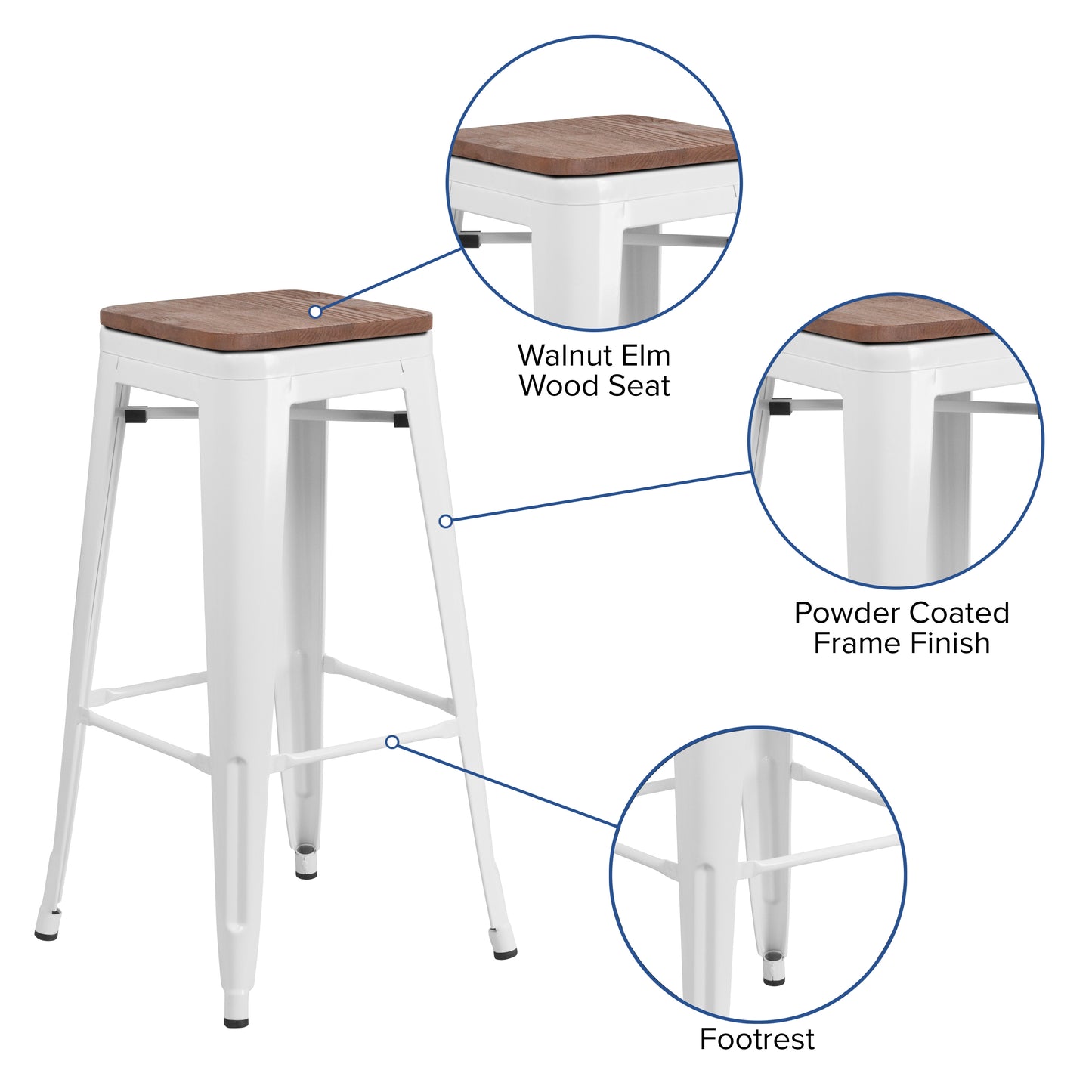 Lily 30" High Backless White Metal Barstool with Square Wood Seat White