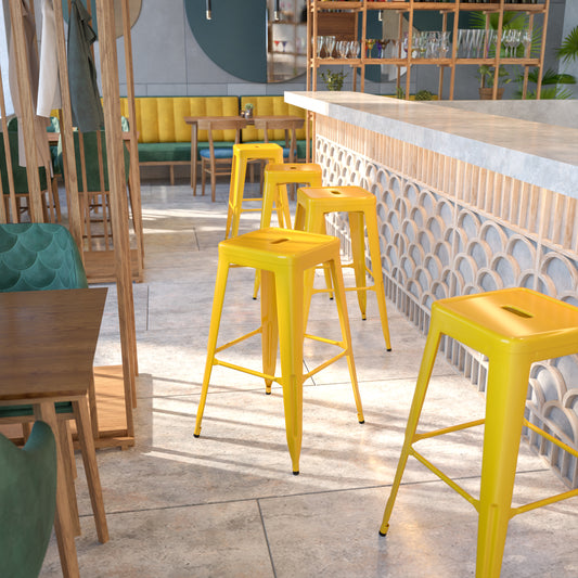 Kai Commercial Grade 30" High Backless Yellow Metal Indoor-Outdoor Barstool with Square Seat Yellow