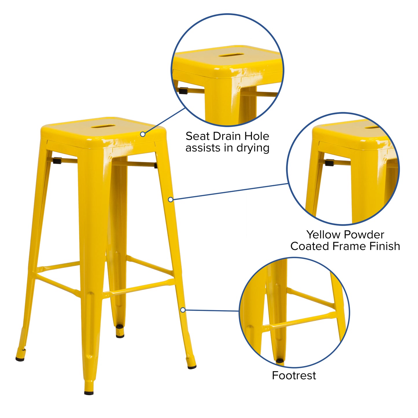 Kai Commercial Grade 30" High Backless Yellow Metal Indoor-Outdoor Barstool with Square Seat Yellow