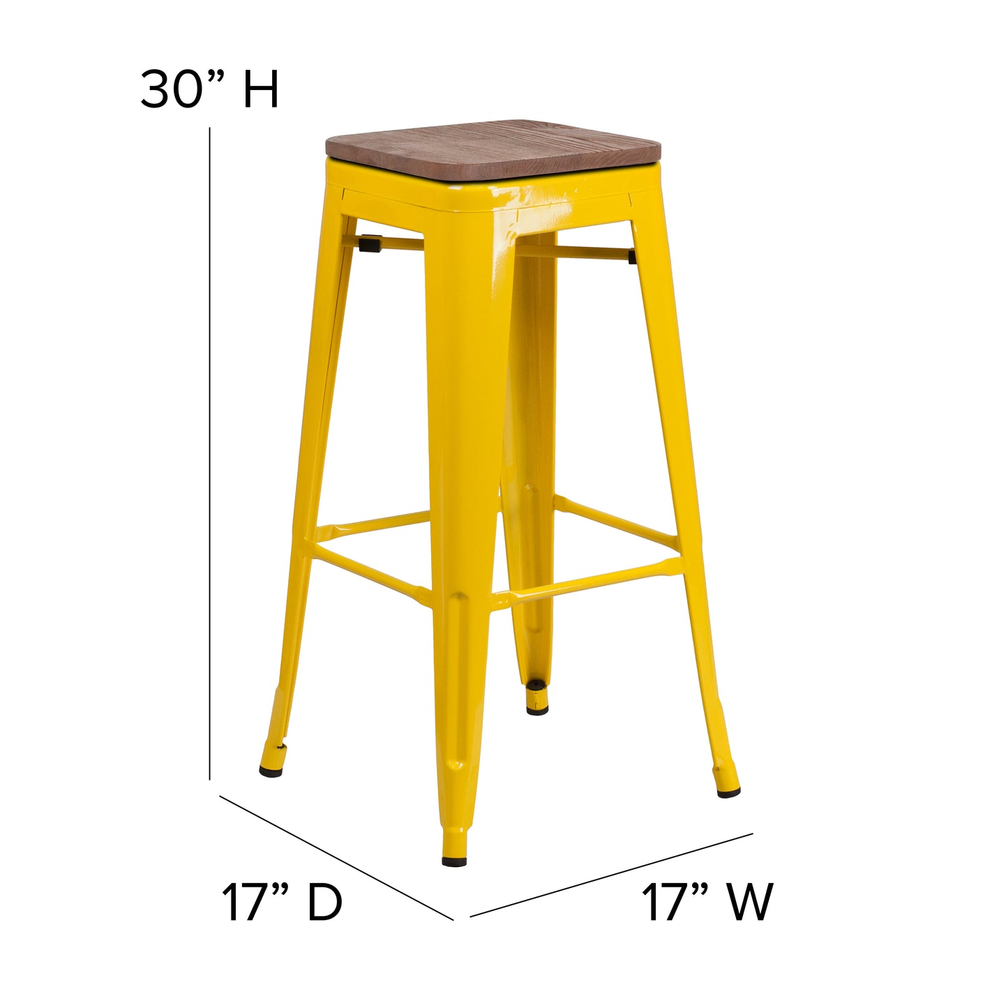 Lily 30" High Backless Yellow Metal Barstool with Square Wood Seat Yellow