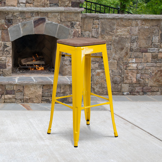 Lily 30" High Backless Yellow Metal Barstool with Square Wood Seat Yellow