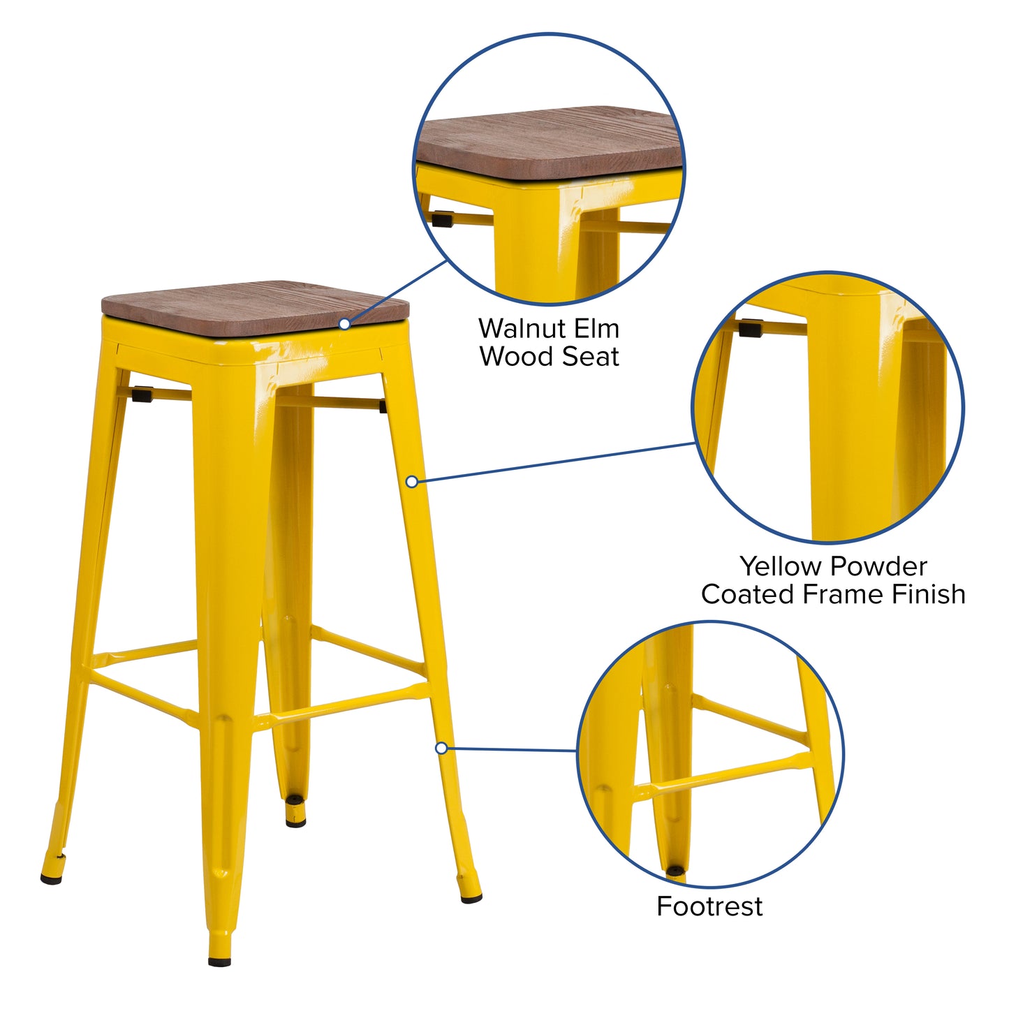 Lily 30" High Backless Yellow Metal Barstool with Square Wood Seat Yellow