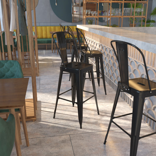 Kai Commercial Grade 30" High Black Metal Indoor-Outdoor Barstool with Removable Back Black