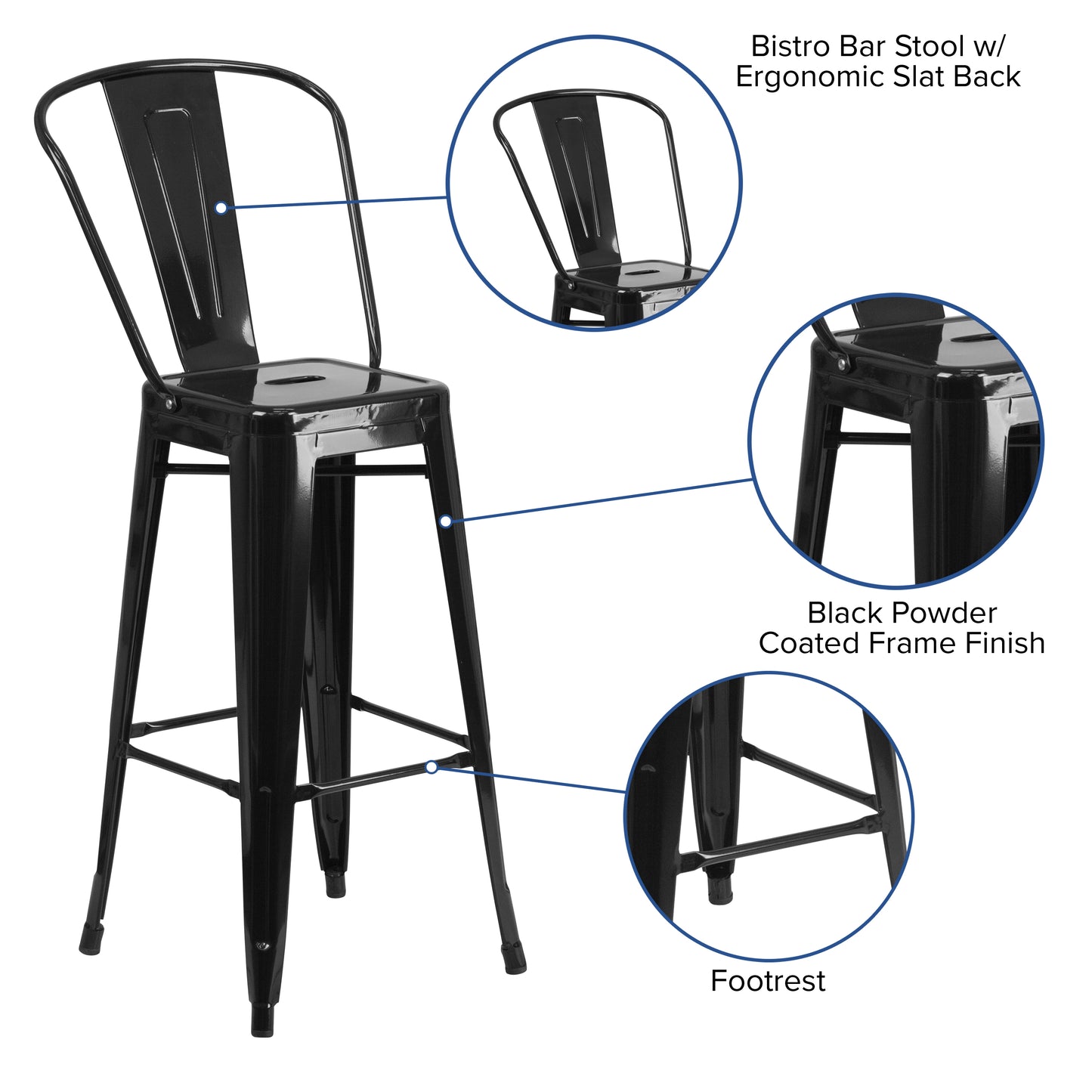 Kai Commercial Grade 30" High Black Metal Indoor-Outdoor Barstool with Removable Back Black