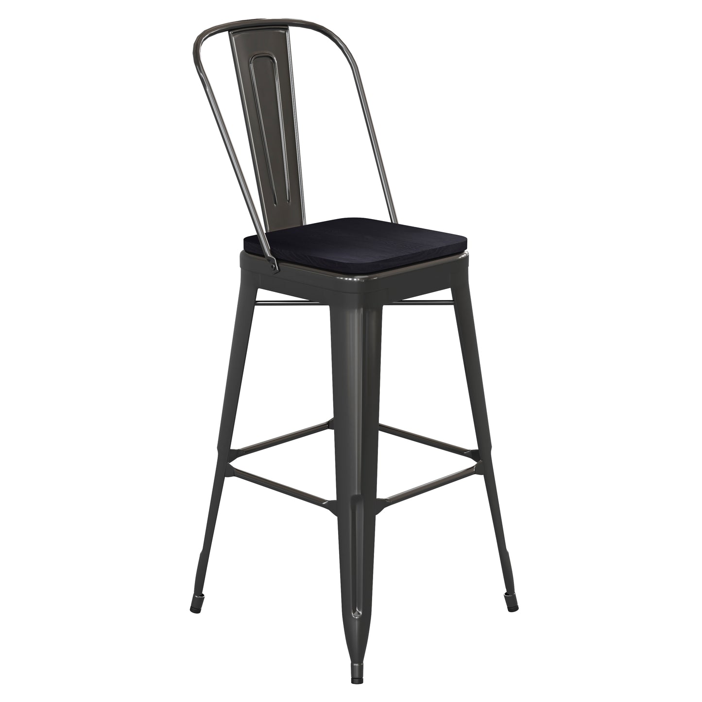 Kai Commercial Grade 30" High Black Metal Indoor-Outdoor Bar Height Stool with Removable Back and Black All-Weather Poly Resin Seat Black Seat/Black Frame