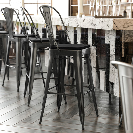 Kai Commercial Grade 30" High Black Metal Indoor-Outdoor Bar Height Stool with Removable Back and Black All-Weather Poly Resin Seat Black Seat/Black Frame
