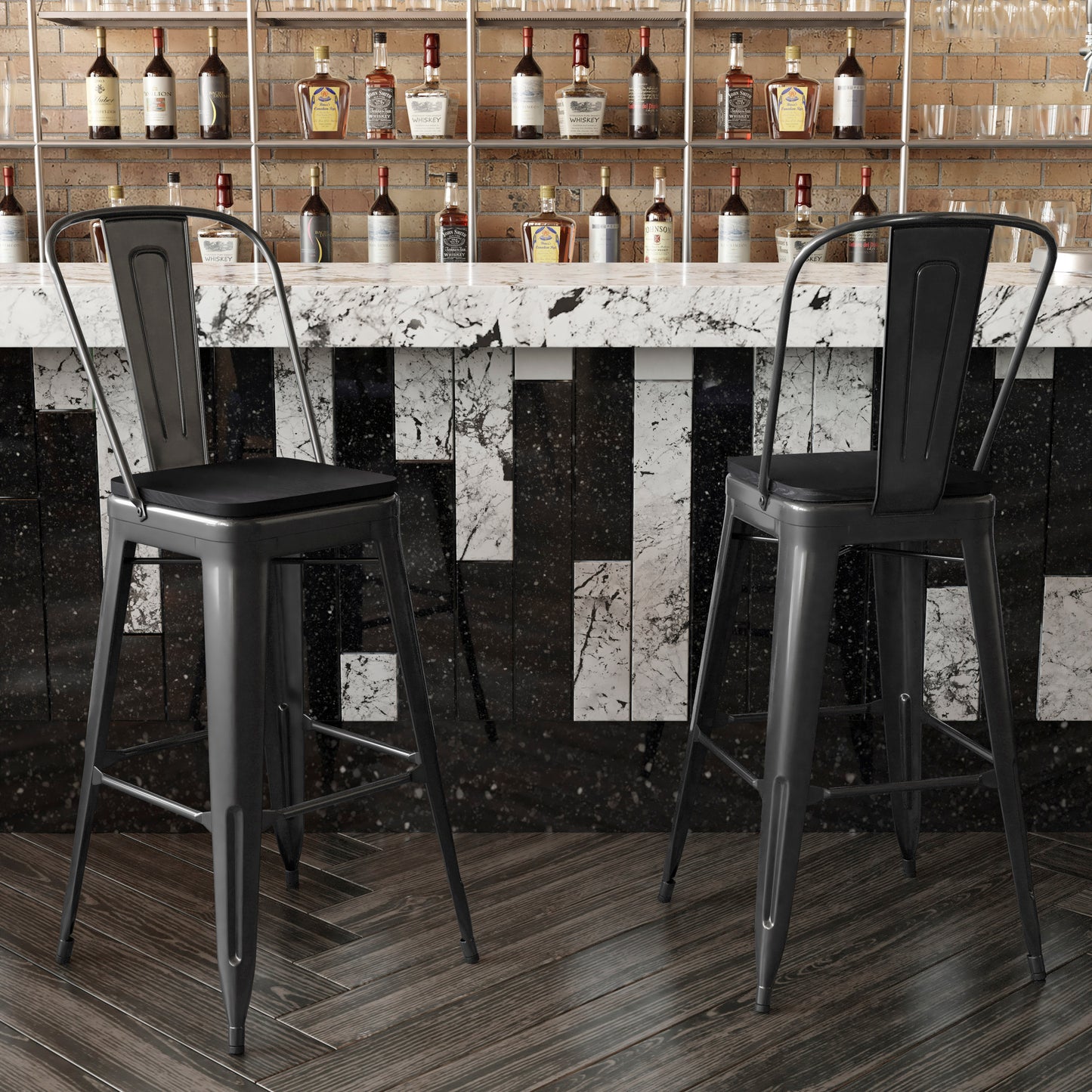 Kai Commercial Grade 30" High Black Metal Indoor-Outdoor Bar Height Stool with Removable Back and Black All-Weather Poly Resin Seat Black Seat/Black Frame