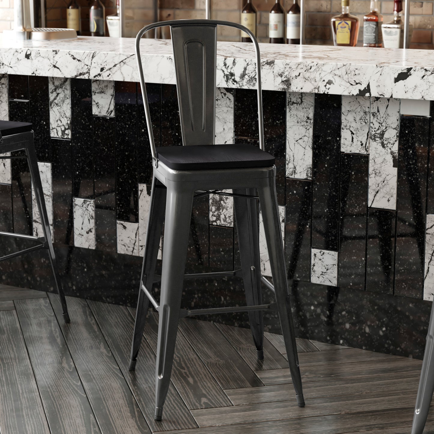 Kai Commercial Grade 30" High Black Metal Indoor-Outdoor Bar Height Stool with Removable Back and Black All-Weather Poly Resin Seat Black Seat/Black Frame