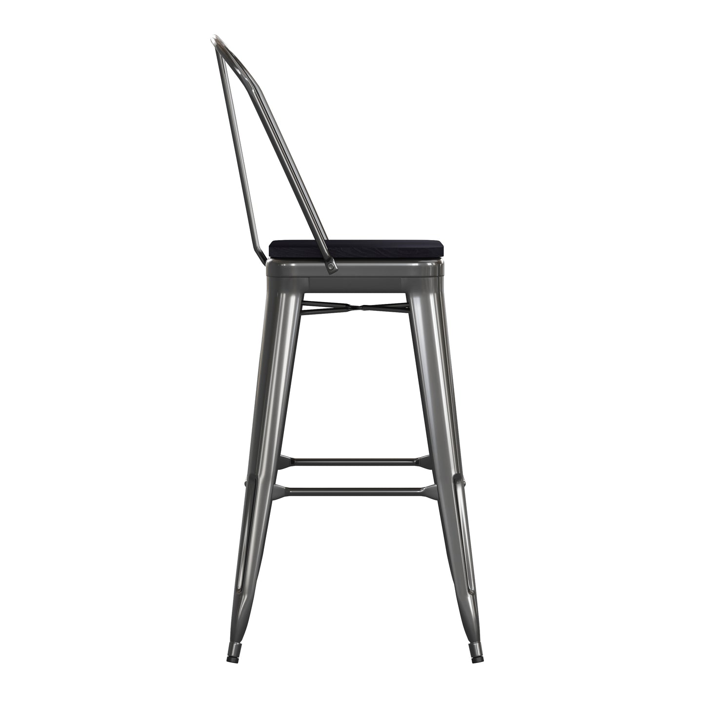 Kai Commercial Grade 30" High Black Metal Indoor-Outdoor Bar Height Stool with Removable Back and Black All-Weather Poly Resin Seat Black Seat/Black Frame