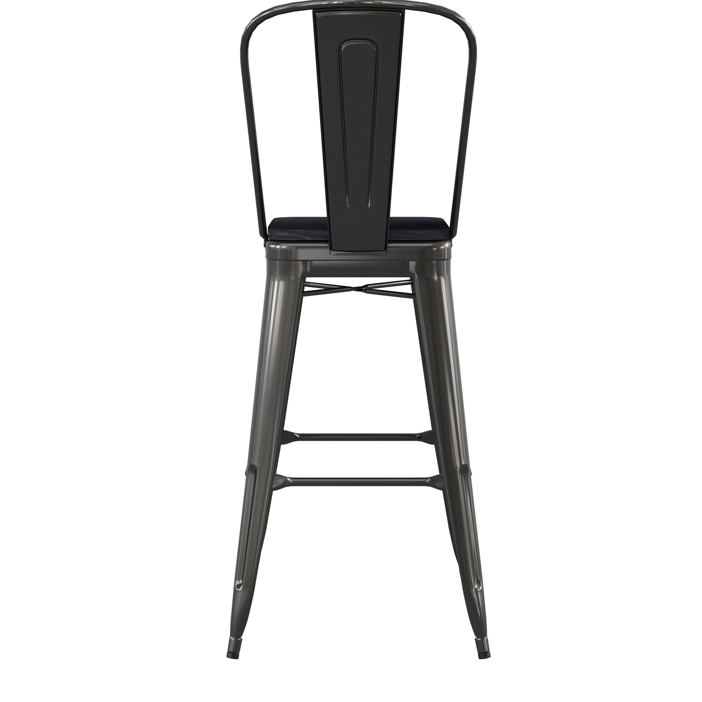 Kai Commercial Grade 30" High Black Metal Indoor-Outdoor Bar Height Stool with Removable Back and Black All-Weather Poly Resin Seat Black Seat/Black Frame