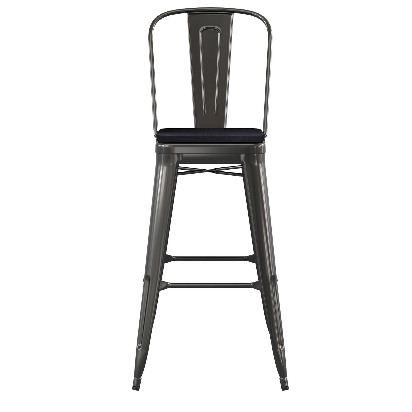 Kai Commercial Grade 30" High Black Metal Indoor-Outdoor Bar Height Stool with Removable Back and Black All-Weather Poly Resin Seat Black Seat/Black Frame