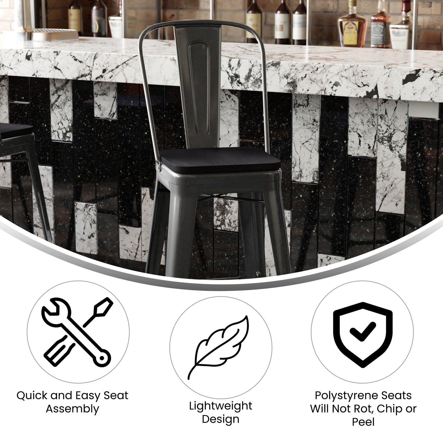 Kai Commercial Grade 30" High Black Metal Indoor-Outdoor Bar Height Stool with Removable Back and Black All-Weather Poly Resin Seat Black Seat/Black Frame