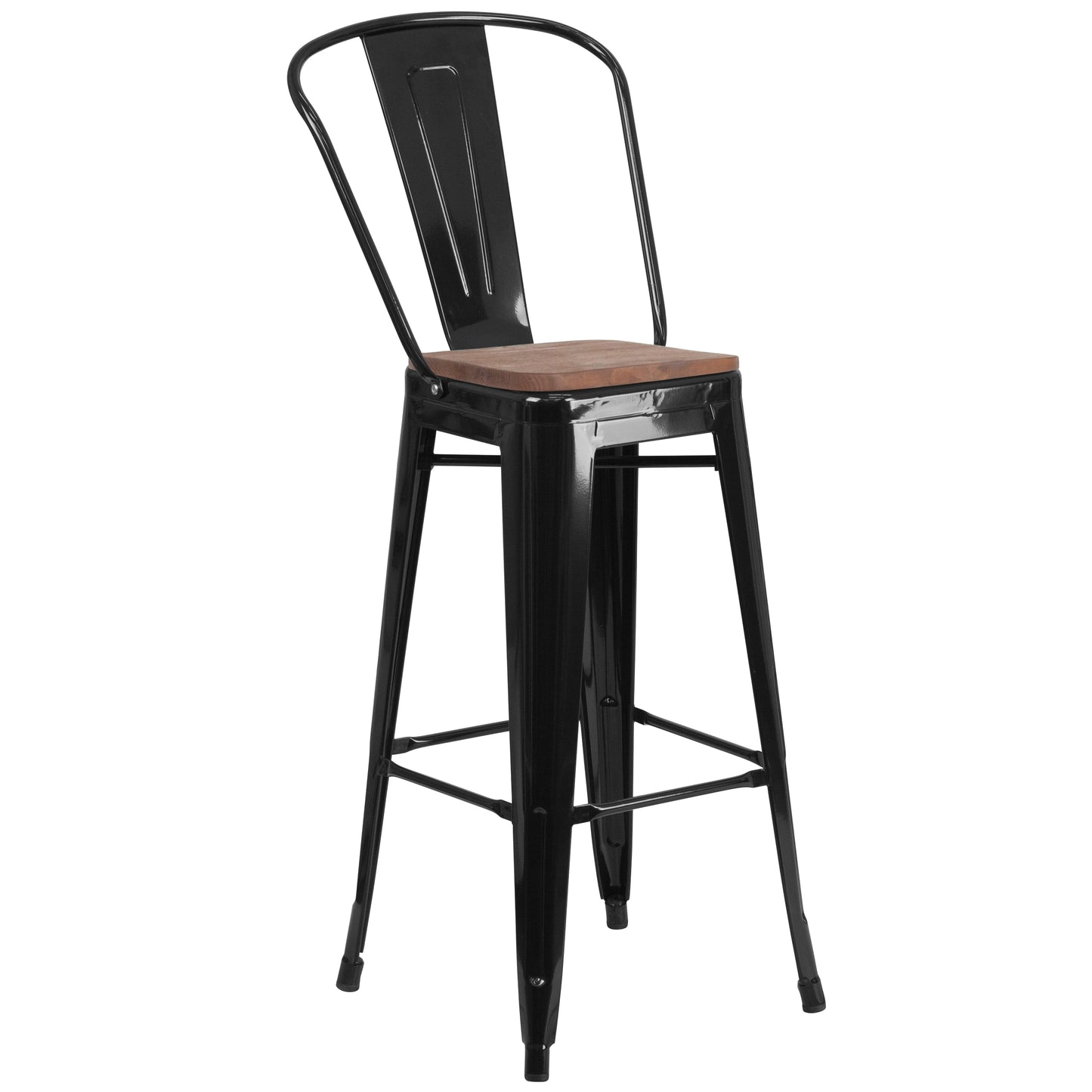Lily 30" High Black Metal Barstool with Back and Wood Seat Black