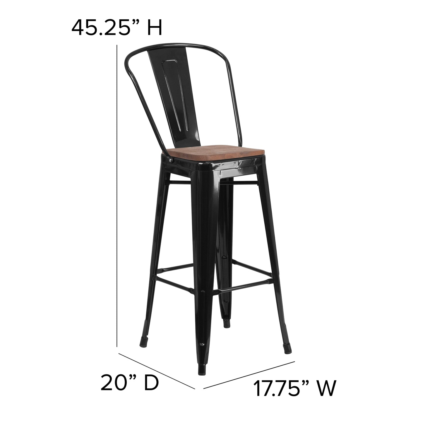Lily 30" High Black Metal Barstool with Back and Wood Seat Black