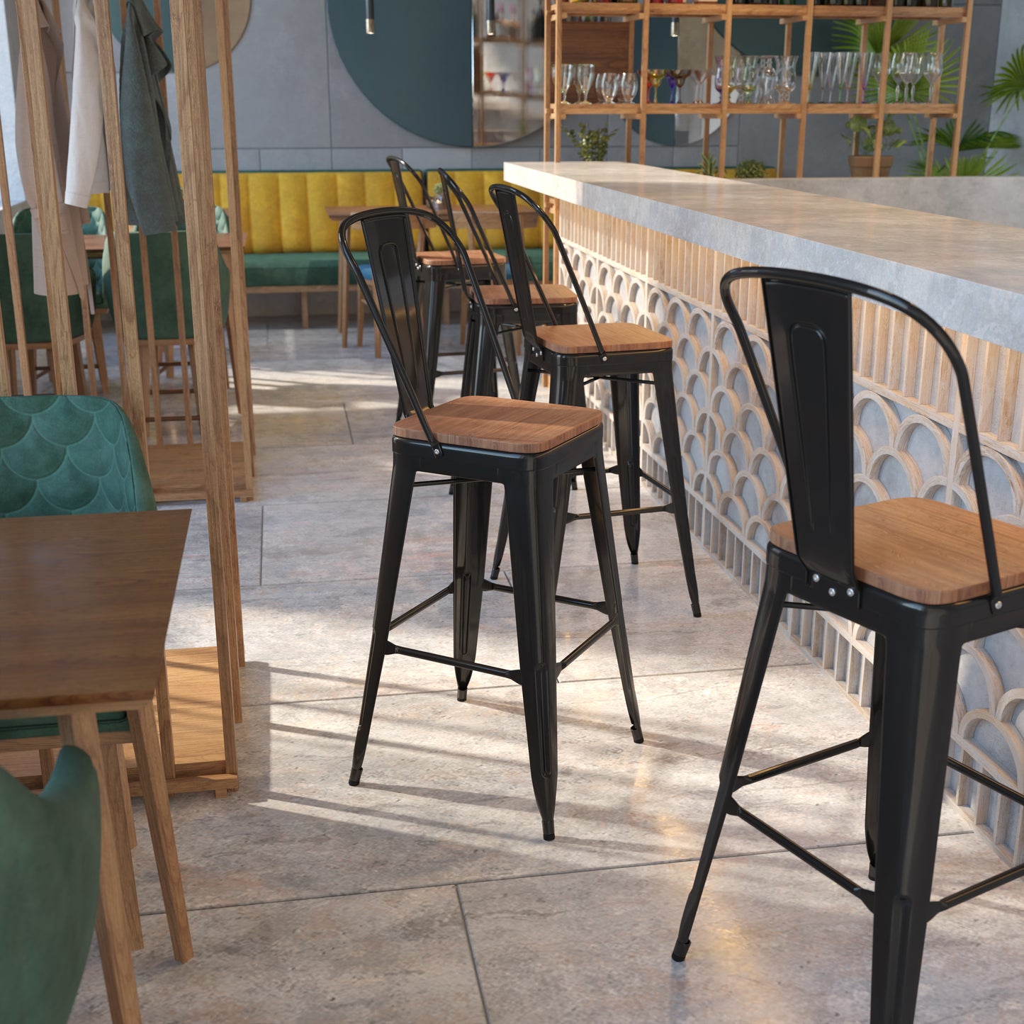 Lily 30" High Black Metal Barstool with Back and Wood Seat Black