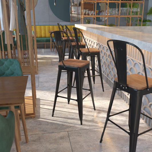 Lily 30" High Black Metal Barstool with Back and Wood Seat Black