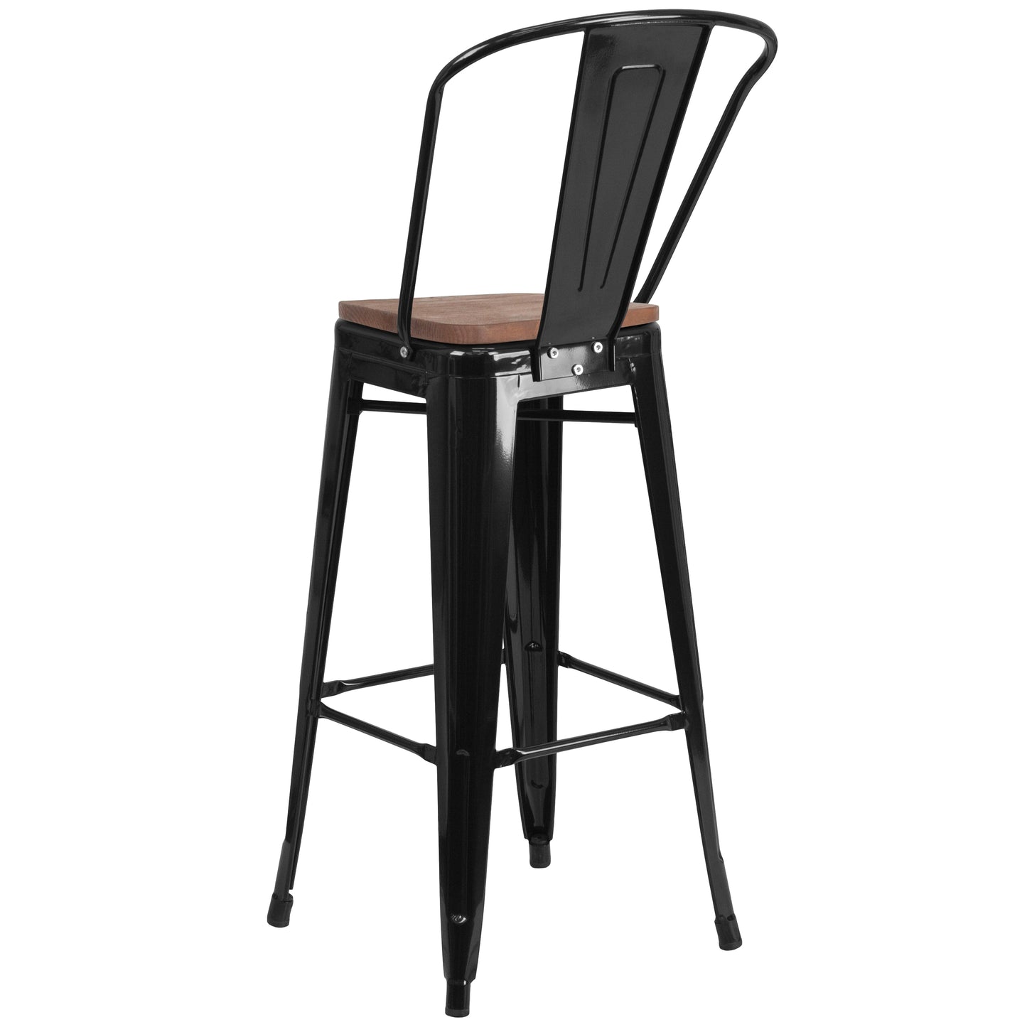 Lily 30" High Black Metal Barstool with Back and Wood Seat Black