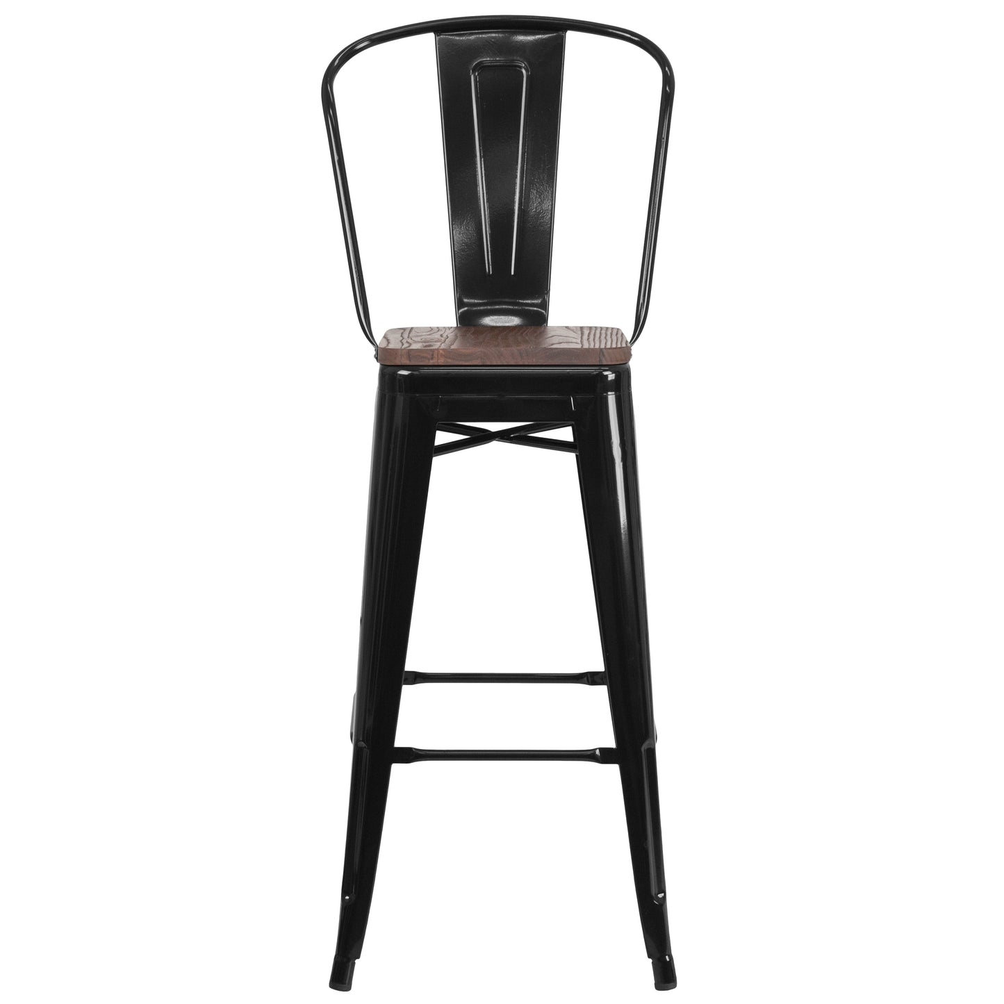 Lily 30" High Black Metal Barstool with Back and Wood Seat Black