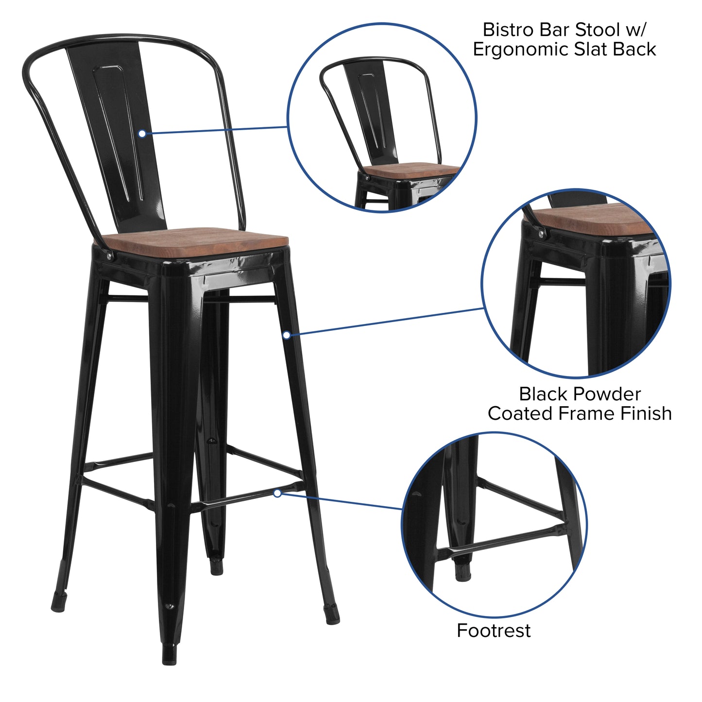 Lily 30" High Black Metal Barstool with Back and Wood Seat Black