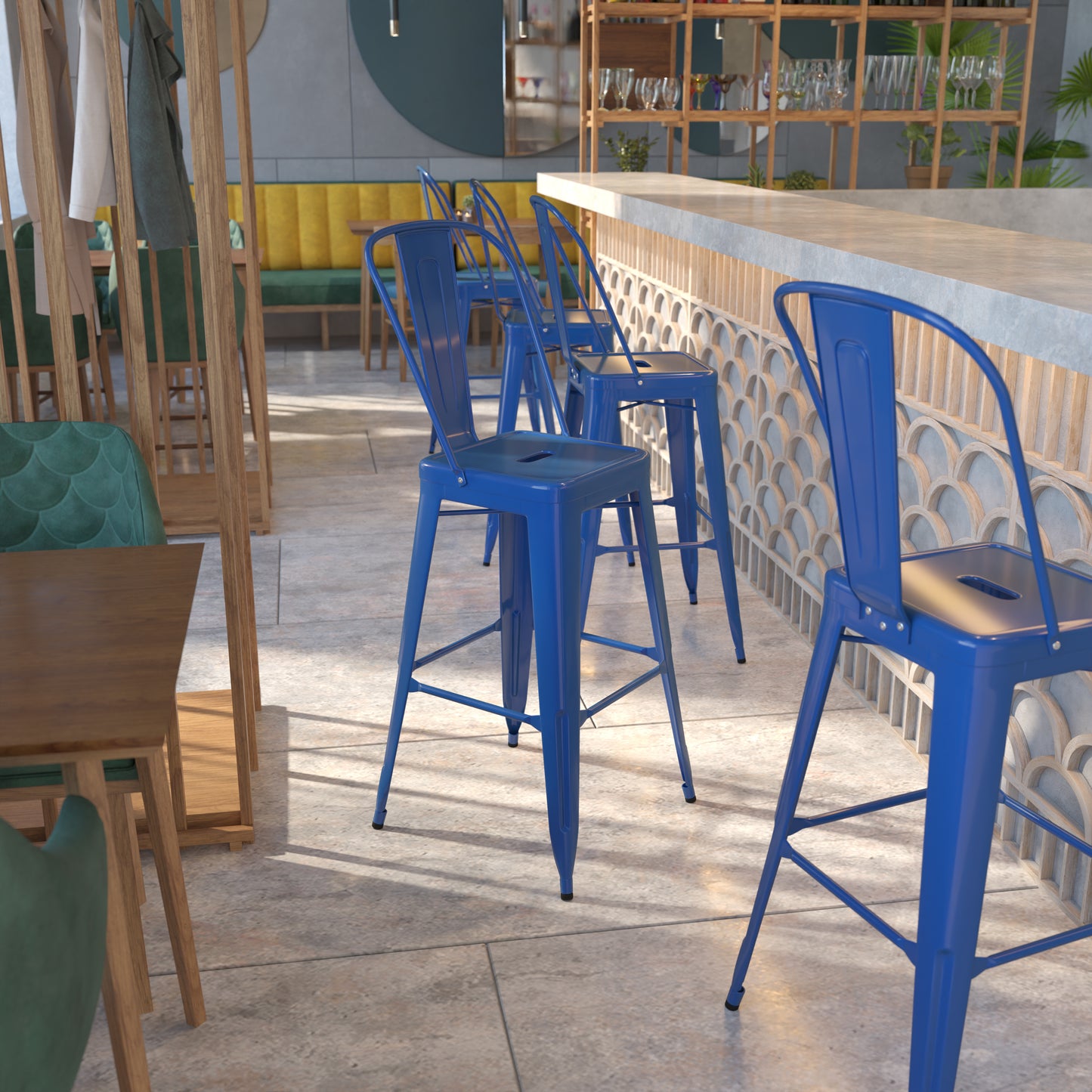 Kai Commercial Grade 30" High Blue Metal Indoor-Outdoor Barstool with Removable Back Blue CH-31320-30GB-BL-GG