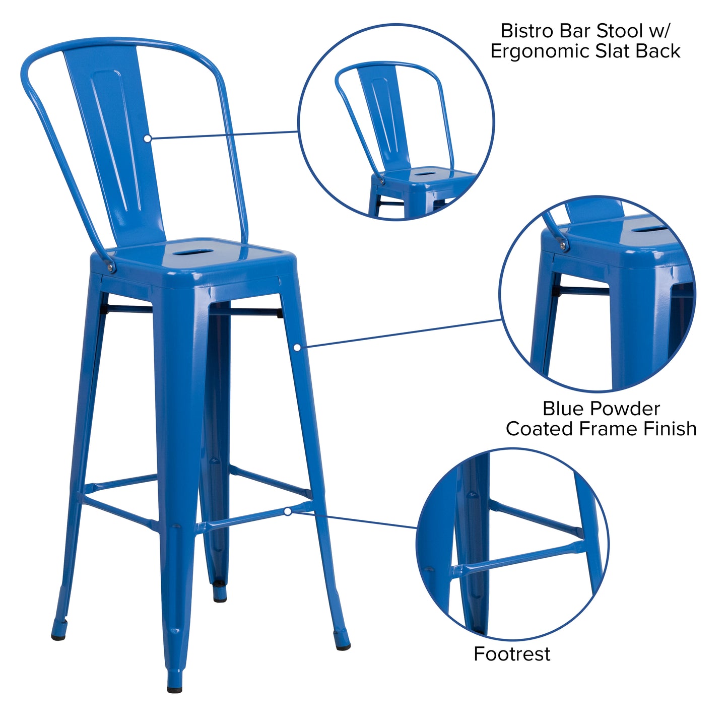 Kai Commercial Grade 30" High Blue Metal Indoor-Outdoor Barstool with Removable Back Blue CH-31320-30GB-BL-GG