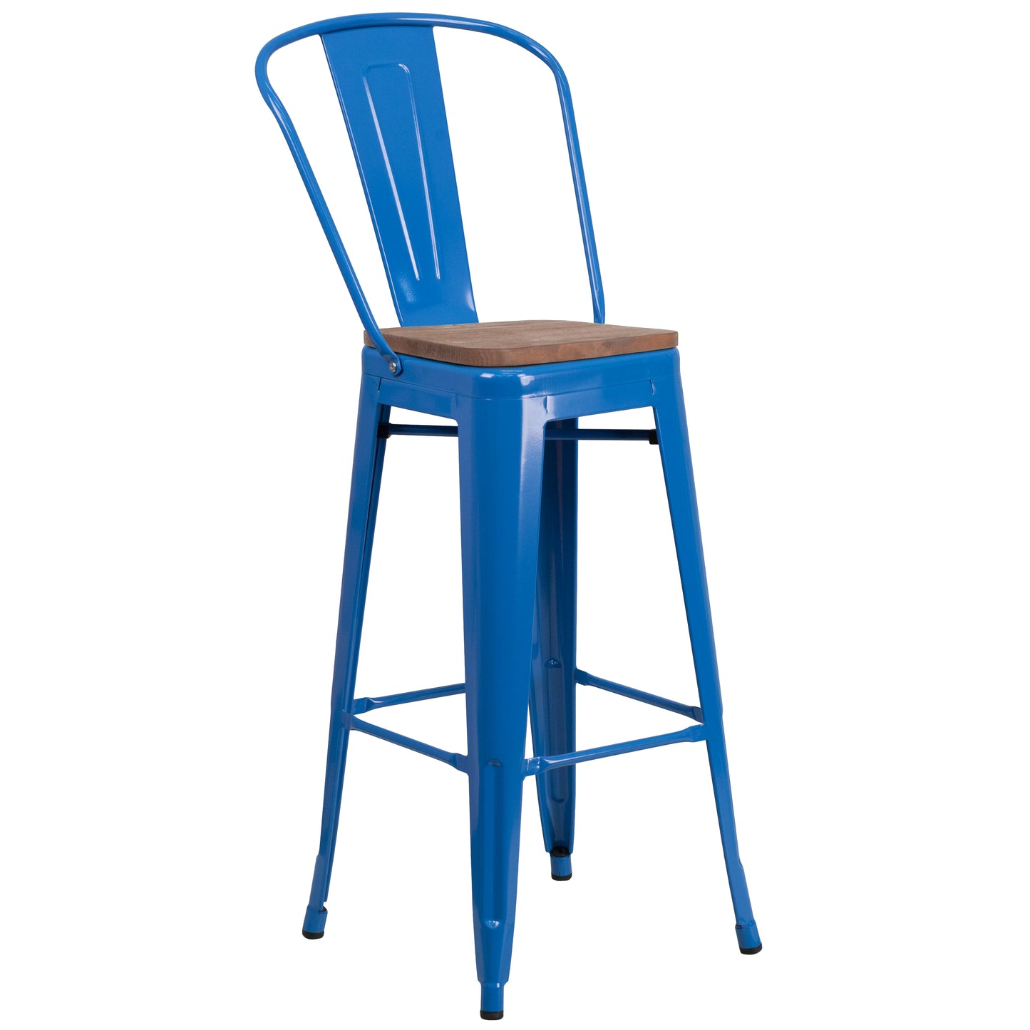 Lily 30" High Blue Metal Barstool with Back and Wood Seat Blue