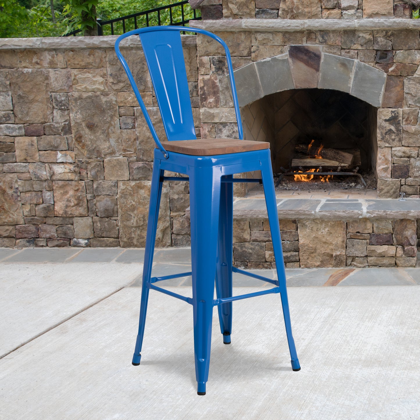 Lily 30" High Blue Metal Barstool with Back and Wood Seat Blue