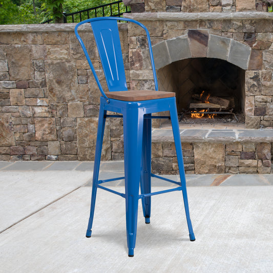 Lily 30" High Blue Metal Barstool with Back and Wood Seat Blue