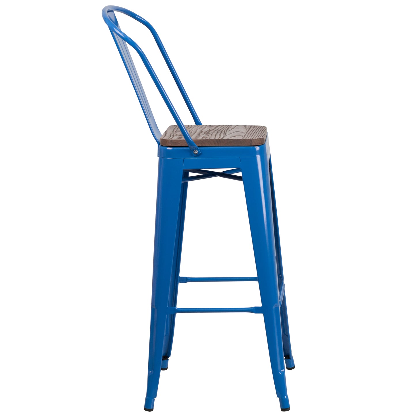 Lily 30" High Blue Metal Barstool with Back and Wood Seat Blue