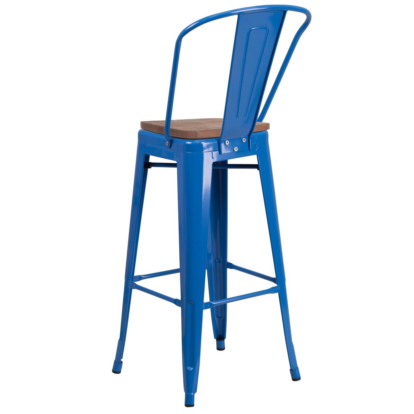 Lily 30" High Blue Metal Barstool with Back and Wood Seat Blue